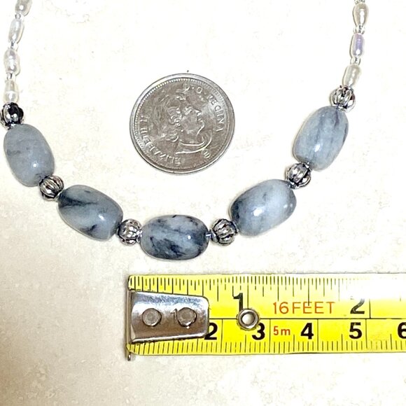 Genuine Grey Anhydrite & White Freshwater Pearl Choker, Beaded Natural Gemstones - Picture 10 of 13